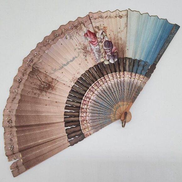 Antique Hand Painted Folding Hand Fan Elegant Ladies Design Wooden Ribs Wall Art - Picture 1 of 11